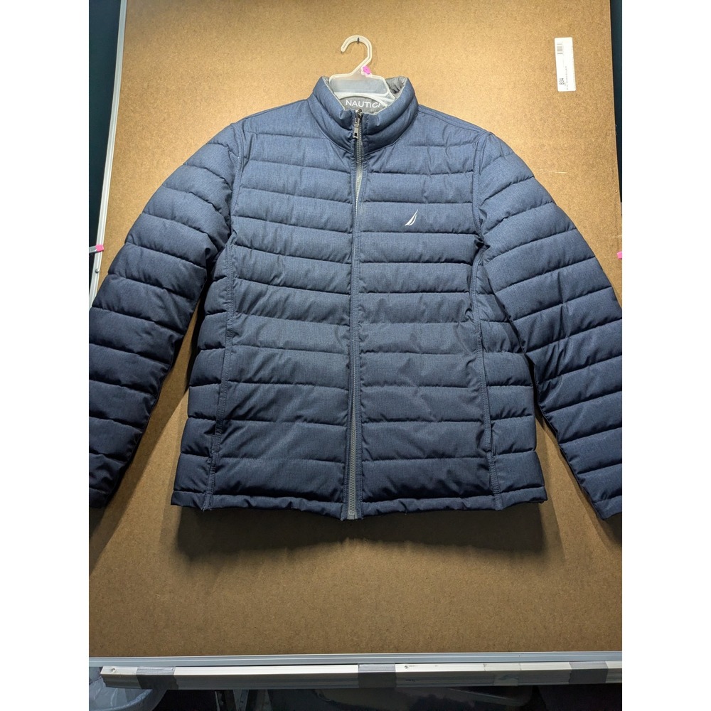 Nautica Mens Reversible Puffer Jacket Gray Navy Blue Full Zip Quilted Size M